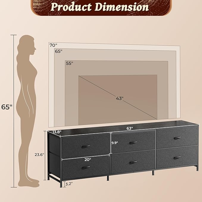 Huuger 63 Inch Long Dresser for Bedroom, Wide TV Stand for 55, 70 Inch TV - Image 3