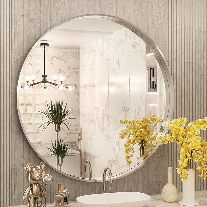 TokeShimi Round Mirror 30 Inch Brushed Silver Round Bathroom Mirror by RefinedBathroomAccessories