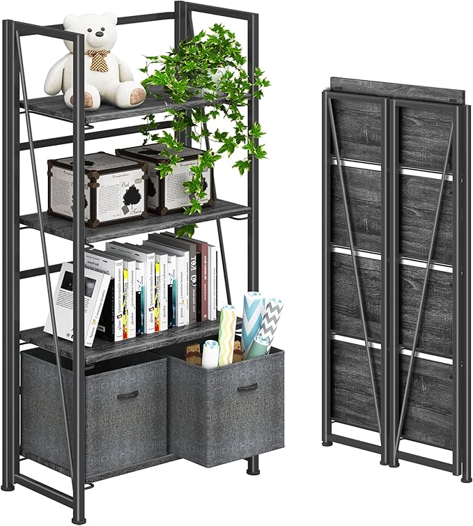 4NM No-Assembly Folding Bookshelf Storage Shelves 4 Tiers Vintage Bookcase by 4NM