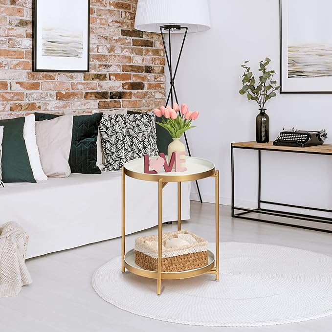TeoKJ 2 Tier Gold Side Table, Folding Round Metal End Table Small Nightstand - Image 2
