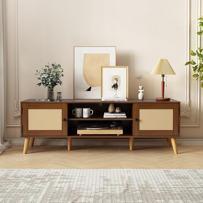 TV Stand for TVs up to 65 inches, Rattan Grain Finish Panel - Image 4