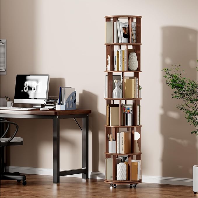 KEIKI 360° Spinning Revolving Bookcase, Solid Wood 6 Tier Rotating Bookshelf by Unknown