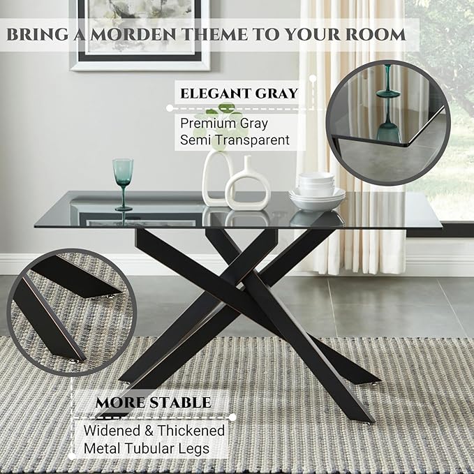 Modern Style Dining Table with Gray Tempered Glass Top and Black Metal Tubular - Image 3