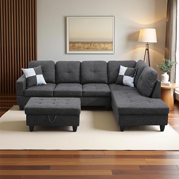 Couches for Living Room Modern L Shaped Couch Comfy Linen Fabric 3 Pieces by LynginsCreativeLife