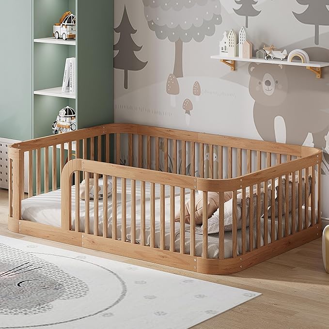 Full Floor Bed with High Fence and Rounded Corner Design, Montessori Floor Bed by Bellemave
