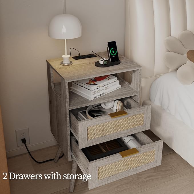 Rattan Nightstand with Charging Station, Farmhouse Bedside Table with 2 Storage - Image 4