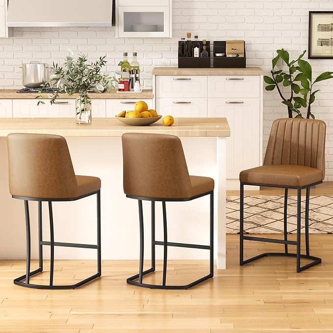 Counter Height Bar Stools Set of 2, Upholstered Leather Barrel Barstools - Image 9