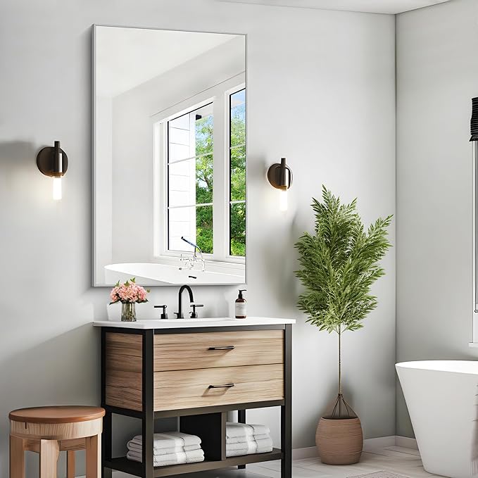 KOCUUY 30x48 Inch Large Silver Wall Mounted Mirror, Brushed Nickel Framed - Image 4