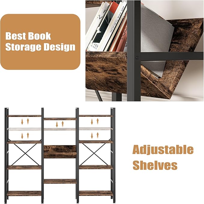 Shintenchi Industrial Bookcase, 71.6” Triple 4 Tier Bookshelf - Image 6