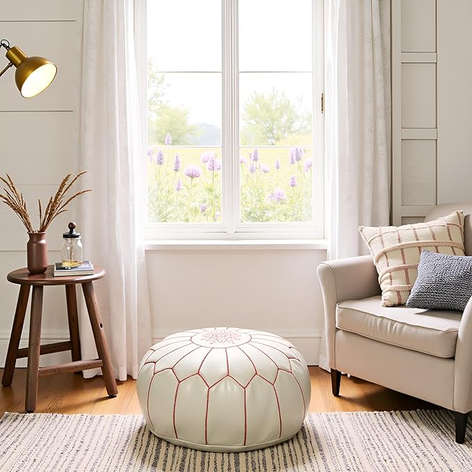 Stuffed Round Design Moroccan Leather Pouf Ottoman, Pre-Filled, 100% Genuine - Image 2
