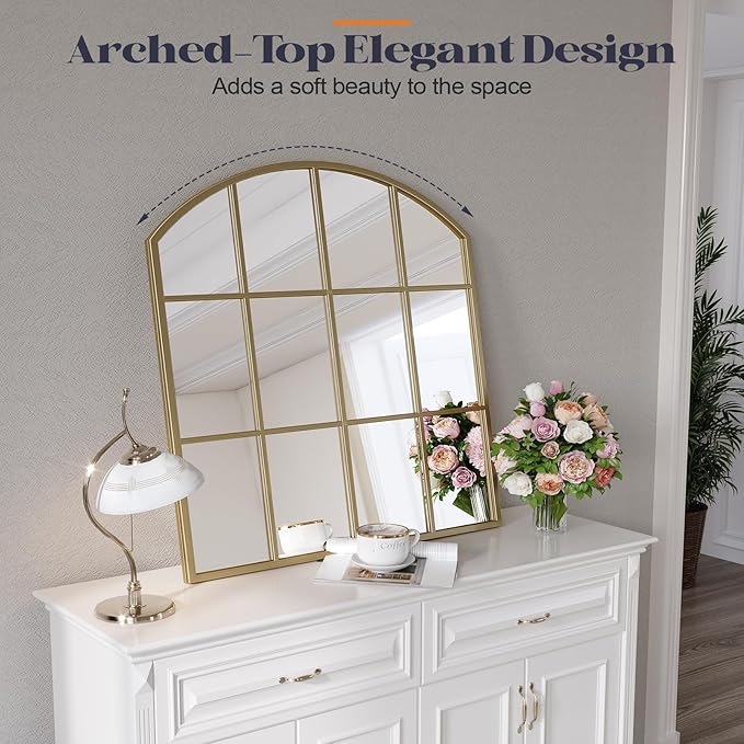 Wide Window Pane Mirror, Brass Grid Wall Large Decorative Mirror - Image 2