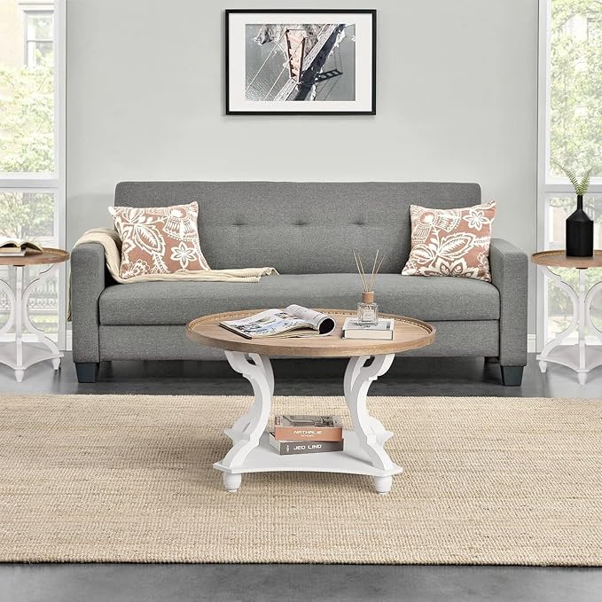 Wnutrees Farmhouse Round Coffee Table, Wood Tray Top Circle Coffee Table - Image 2