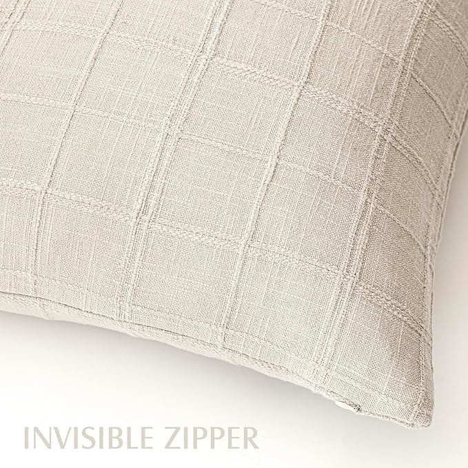Foindtower Set of 2 Decorative Linen Check Throw Pillow Covers Neutral Long - Image 3