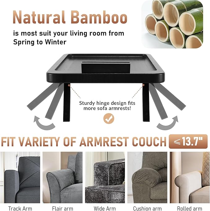 SINWANT Couch Arm Table, Bamboo Clip On Side Table Tray, Foldable Sofa Arm Tray - Image 3