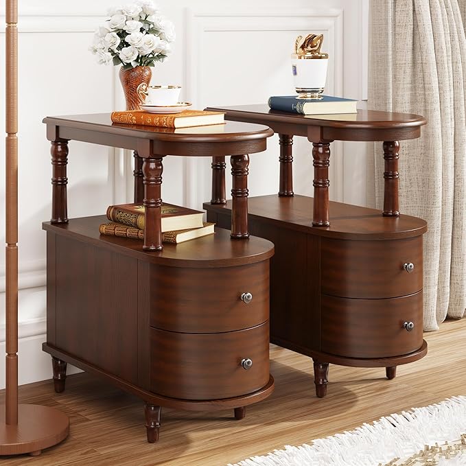 2 Set of Wood End Table with 2 Drawers and Storage Shelf, Narrow Sofa Side Table by MIAUWUUFHOME