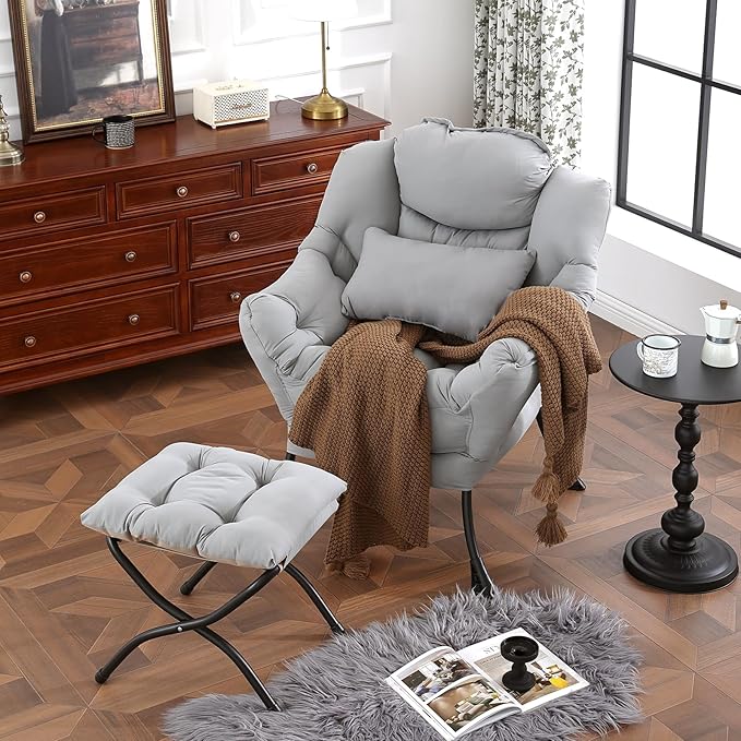 Lazy Chair with Ottoman, Modern Accent Chair with Lumbar Pillow, Comfy Chairs - Image 4