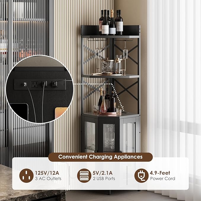 Corner Bar Cabinet with Power Outlet, 5-Tier Corner Wine Cabinet with Led Strip - Image 4