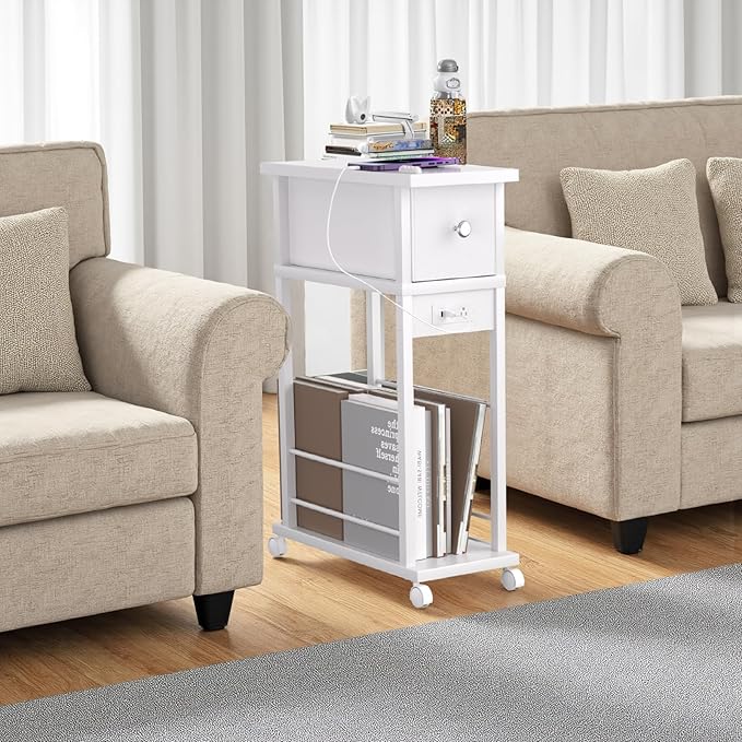 Side Table with Charging Station and Drawer, Narrow End Table with USB Ports - Image 4