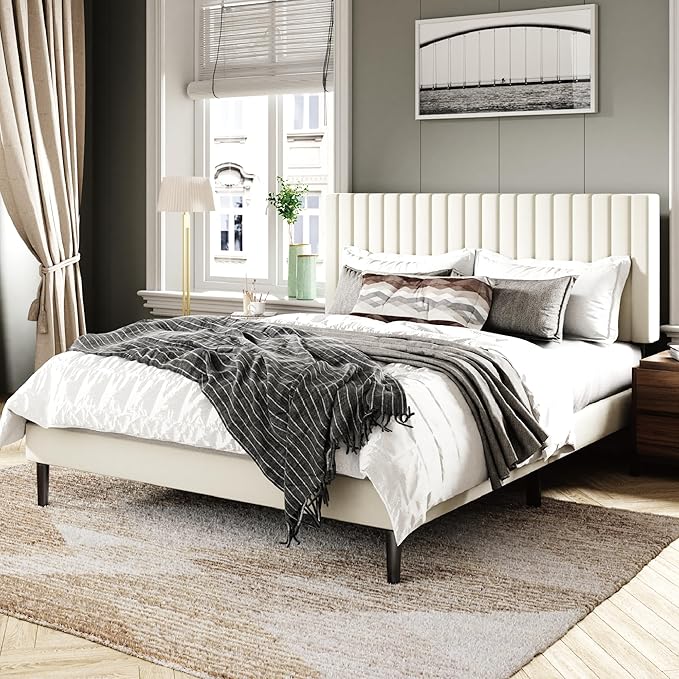 Queen Size Bed Frame with Velvet Upholstered Headboard, Platform Bed with - Image 3