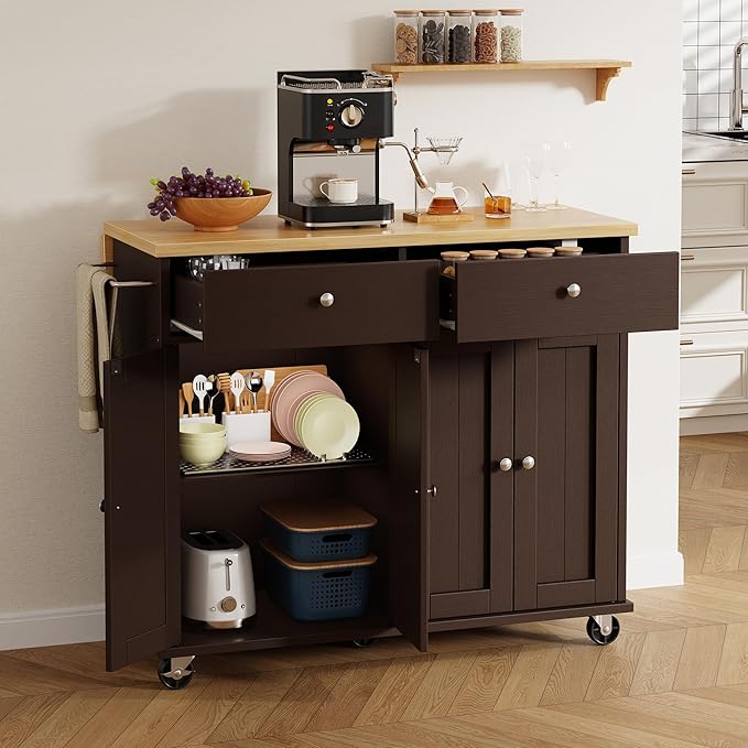 Shintenchi Kitchen Island with Drop Leaf, Rolling Kitchen Cart with Storage on - Image 2