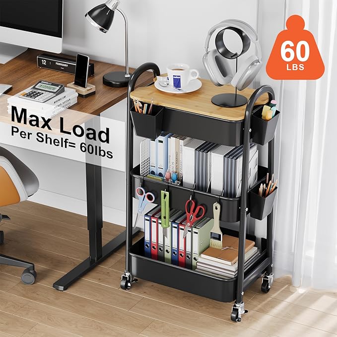 3 Tier Metal Rolling Cart with Wheels and Wooden Table Top, Three Tiered Craft - Image 6