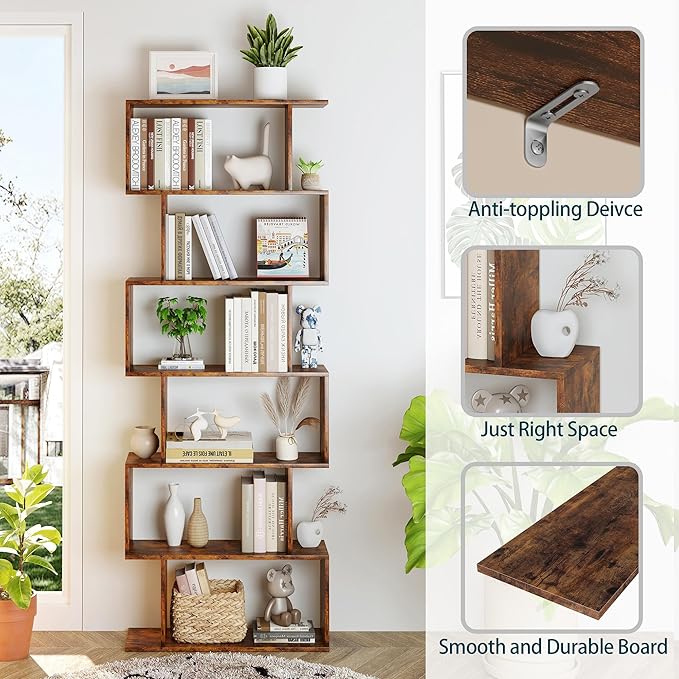 Yusong Geometric Bookcase, Bookshelf 6-Tier S Shaped Book Shelves - Image 4