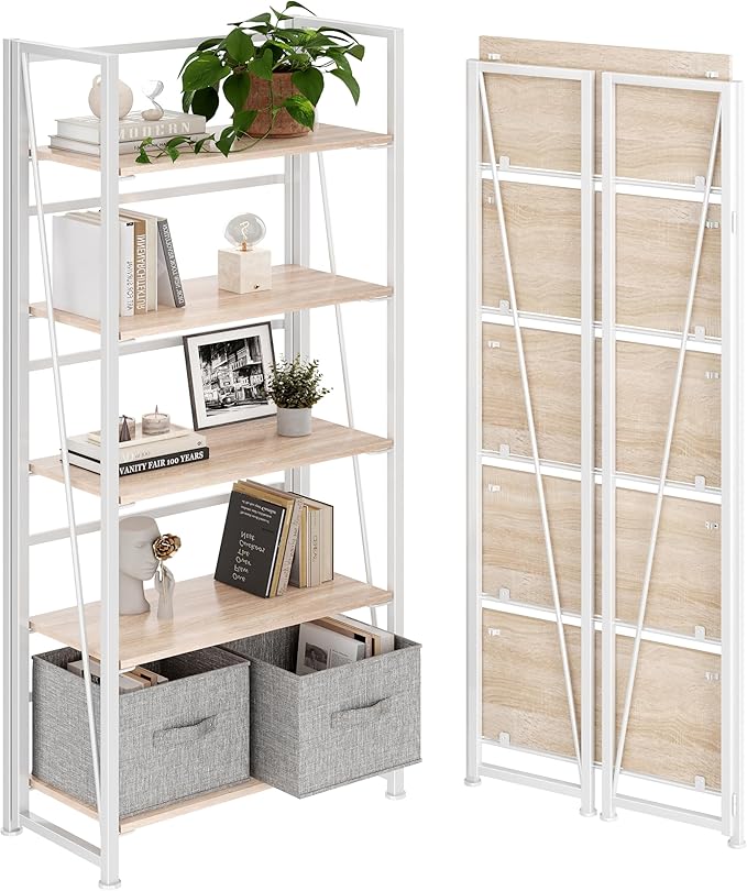 4NM No Assembly Folding Bookshelf, 5-Shelf 62.2" H Collapsible Foldable by 4NM