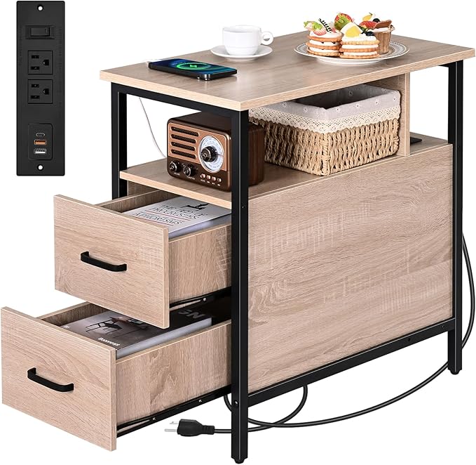 Side Tables with Charging Station, Narrow End Table with 2 Wooden Drawers by Livofloral
