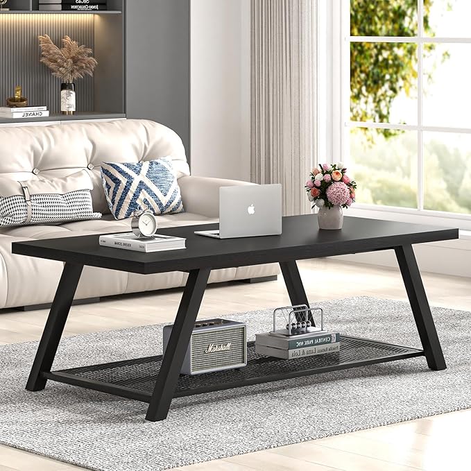FOLUBAN Black Coffee Table, Modern Rustic Wood and Metal Living Room Table - Image 4