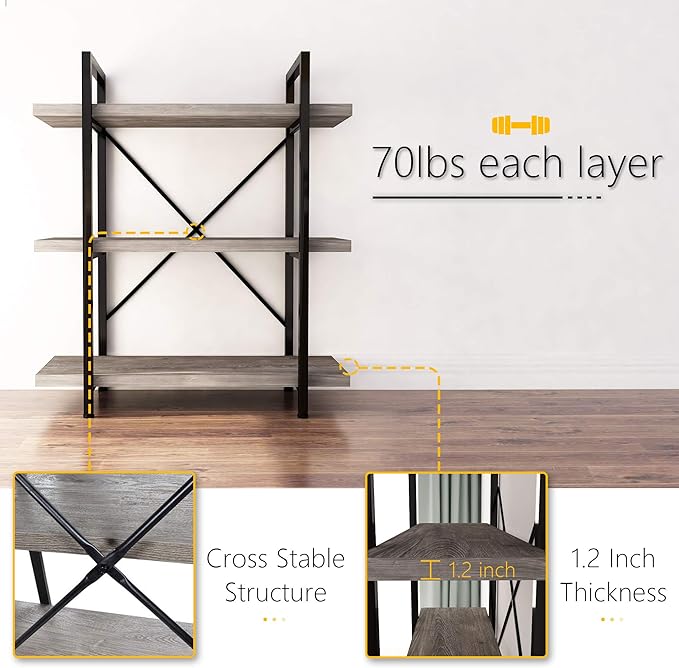 45MinST 3-Tier Vintage Industrial Style Bookcase/Metal and Wood Bookshelf - Image 4