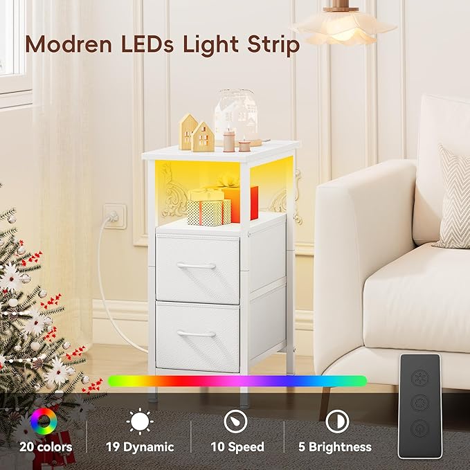 Vagusicc White Nightstand with Charging Station and LED Lights, Narrow Side - Image 4