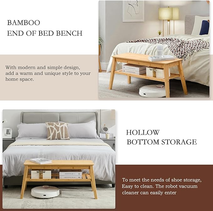 Nnewvante 33.46" Bamboo Entryway Bench, 2 Tier Indoor Storage Bench, Wood Bench - Image 6