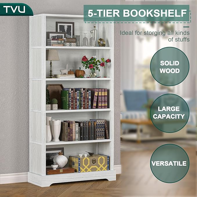 TVU 5-Shelf Wood Bookcase, 65 Inch Tall Bookshelf - Image 5