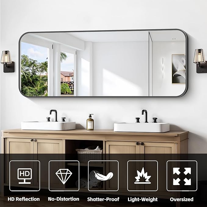 Bathroom Mirror, 60 x 24 inch Metal Framed Black Rectangle Mirror, Rounded - Image 4