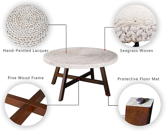 Round Coffee Table, RANDEFURN Seagrass Coffee Tables, Pine Wood X Base Frame - Image 5