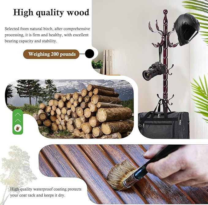 Coat Rack Stand, Solid Wooden Coat Tree - Image 3