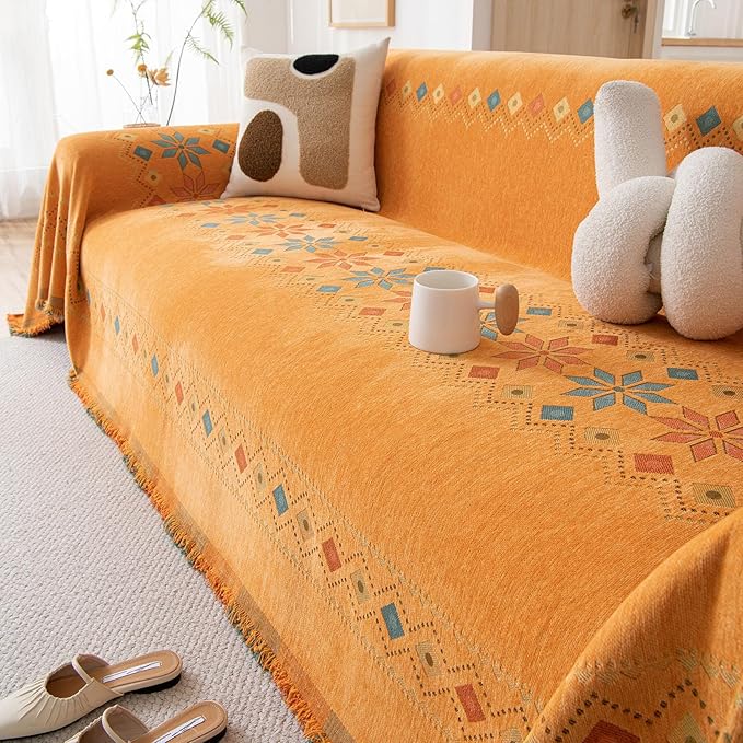 STACYPIK Soft Orange Sofa Cover, Boho Chenille Couch Cover - Image 8