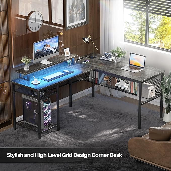 L Shaped Computer Desk with Magic Power Outlets and Smart LED Light, Reversible - Image 5