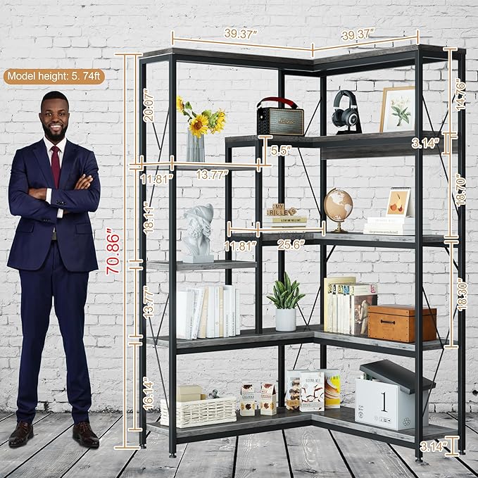Shintenchi 5 Tiers Corner Bookshelf, 70.86" Tall L-Shaped Bookcase, Large - Image 3