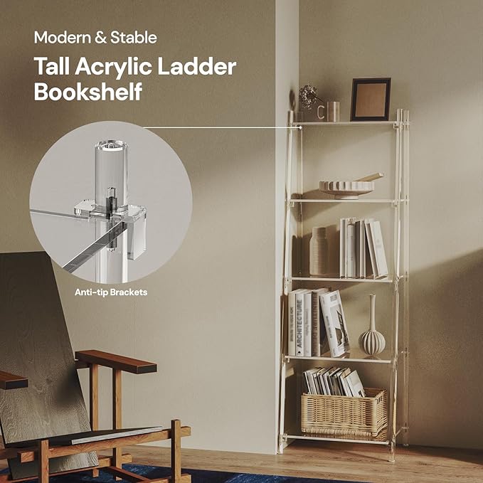 Acrylic Ladder Bookshelf, 13.8" D x 20.5" W x 59" H, 5-Tier Tall Clear Bookcase - Image 5