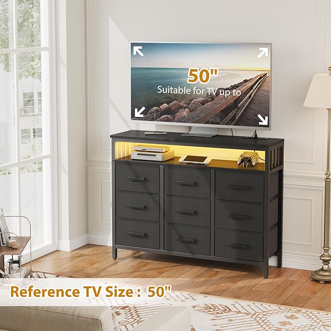 9 Drawer Dresser TV Stand with LED Lights & Power Outlets, Entertainment Center - Image 2