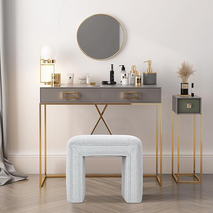 Get Set Style Vanity Stool Chair, Modern Linen Ottoman Foot Stool - Image 2