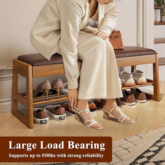 Shoe Rack Bench Seat Rubberwood 2-Tier Wooden Storage Bench 550lbs Compact - Image 5
