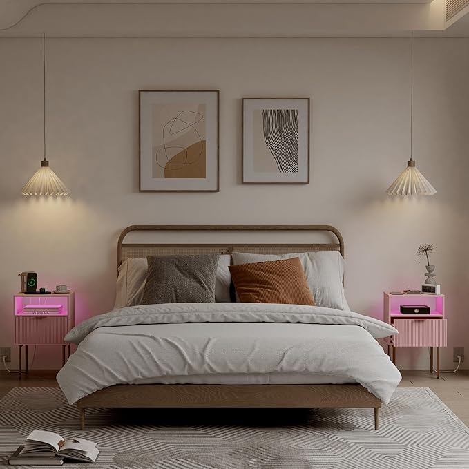 Modern Nightstand with Charging Station and LED Lights, Fluted Side Table - Image 7
