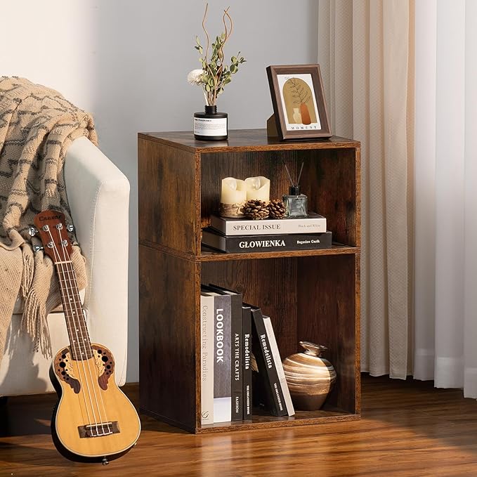 LEYAOYAO 2 Cube Bookshelf, Mini Wood Book Shelf Storage Organizer, Turntable - Image 4
