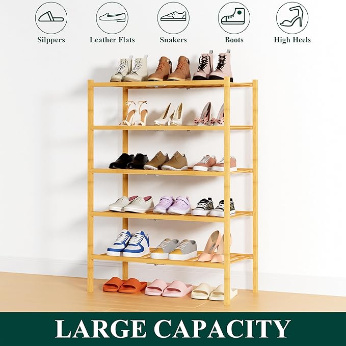 Smiry Shoe Rack, 5 Tier Thick Bamboo Shoe Organizer, Stackable Free Standing - Image 6