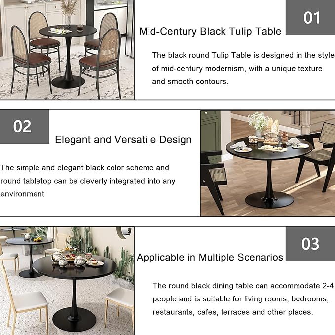 Black Round Dining Table, 24 Inches Tulip Round Kitchen Table, Mid-Century - Image 5
