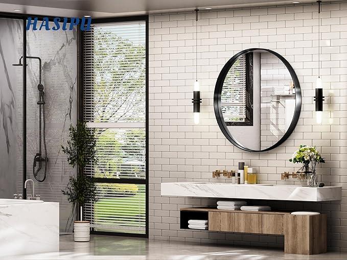 Hasipu Round Black Mirror 32 Inch Round Bathroom Mirror Metal Frame, Wall - Image 2