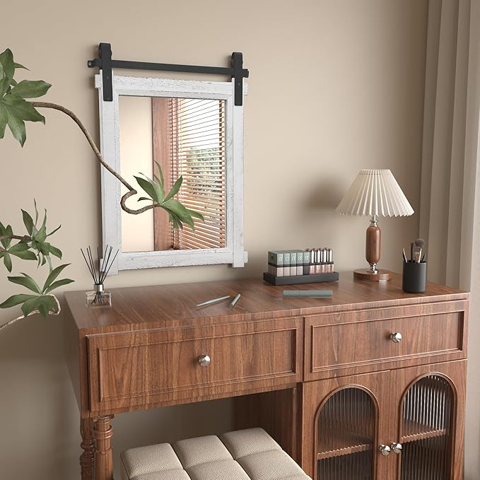 Farmhouse Barn Door Mirror: 22"x30" White Rustic Wood Frame Mirror - Image 4