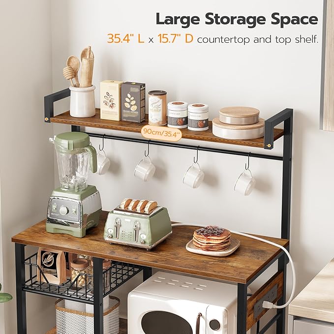 HOOBRO Bakers Rack with Power Outlet, 35.4 Inches Coffee Bar with Mesh Basket - Image 5
